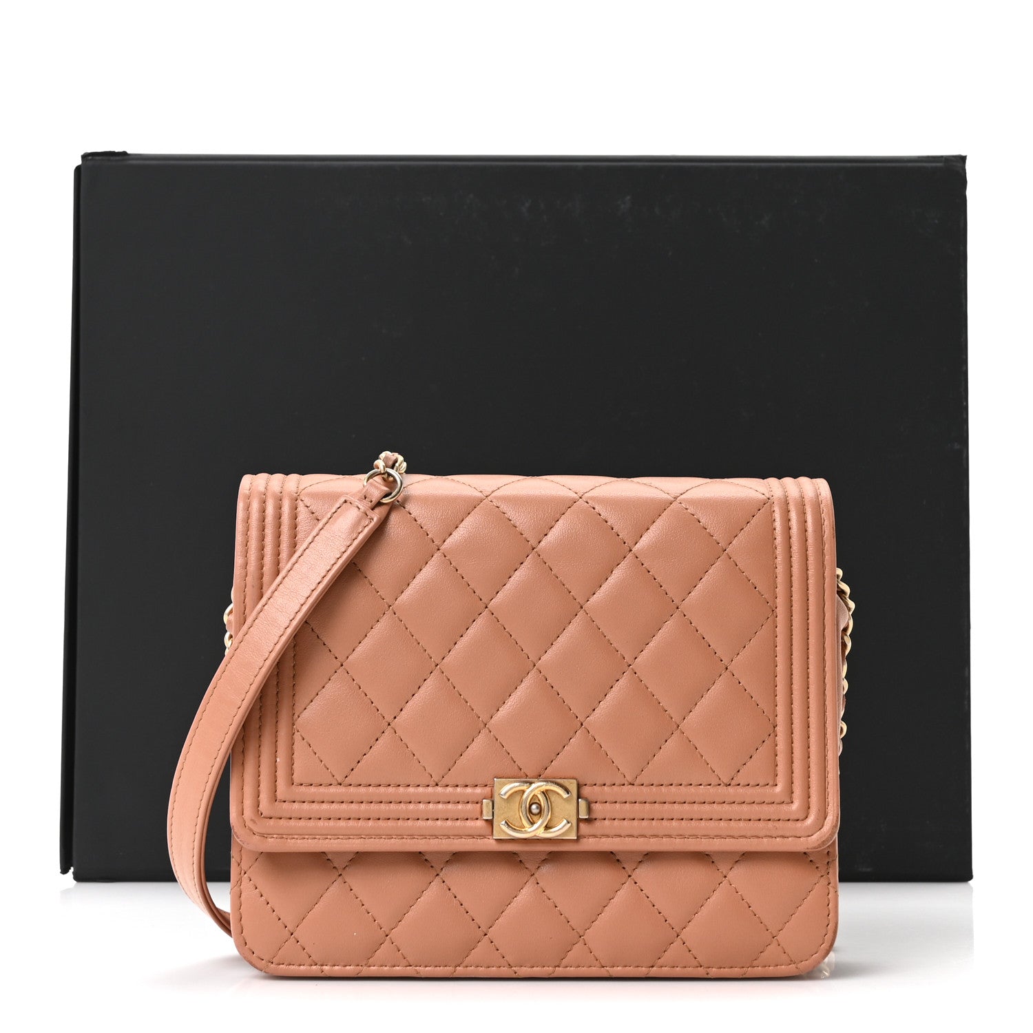 Calfskin Quilted Boy Square Wallet on Chain WOC Brown