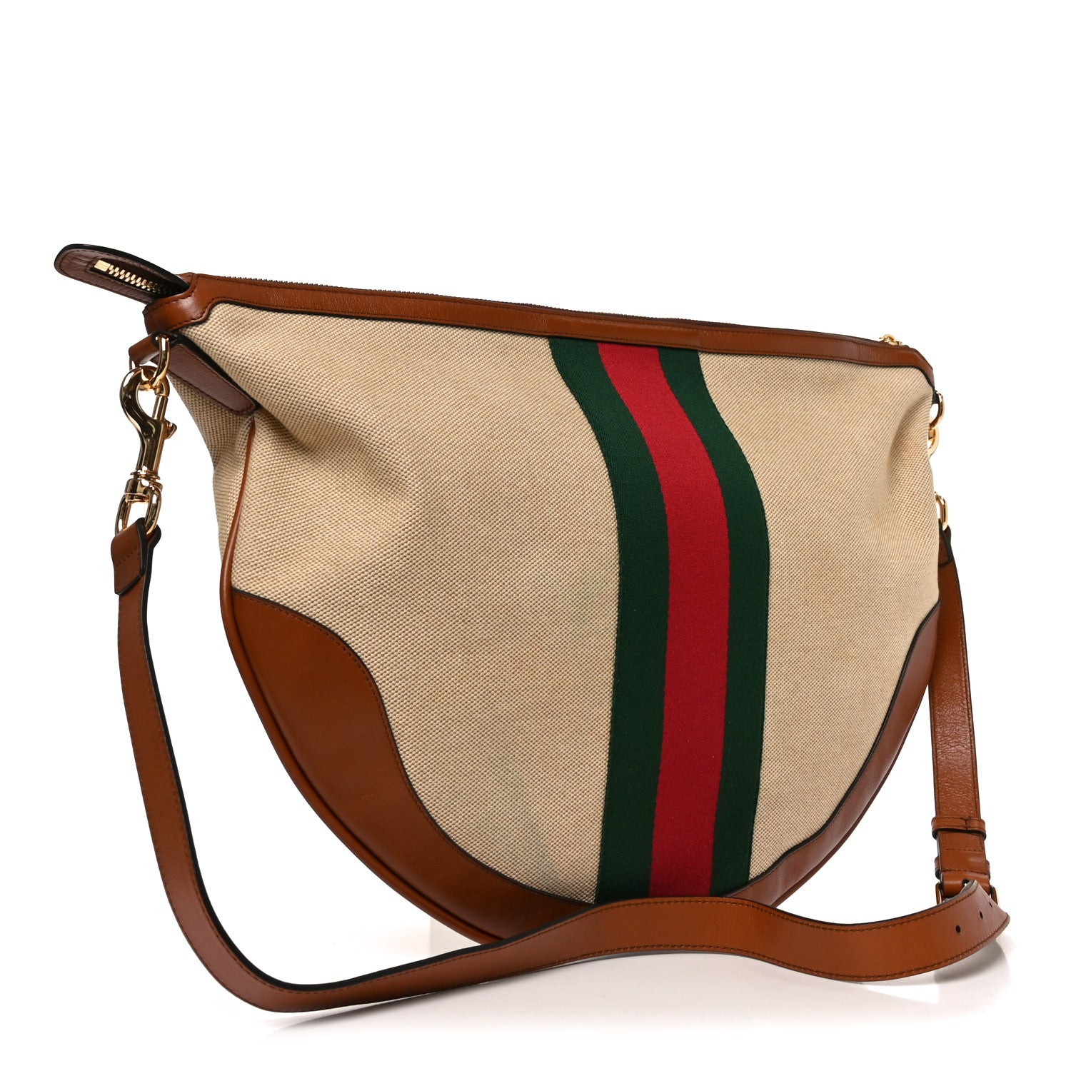Vintage Canvas Calfskin Web Large Ophidia Half Moon Hobo Sand Light Cuir