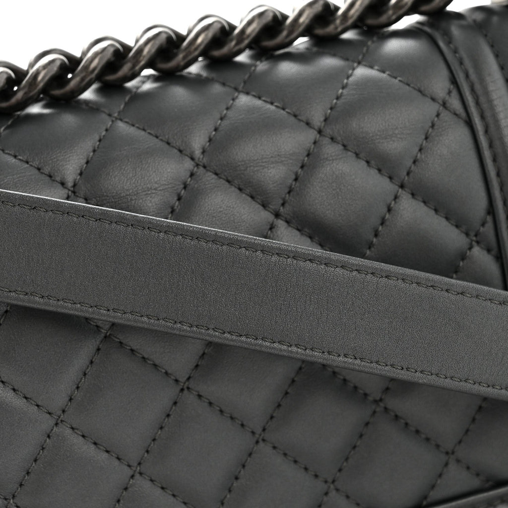 Metallic Calfskin Quilted Small Boy Flap Dark Silver