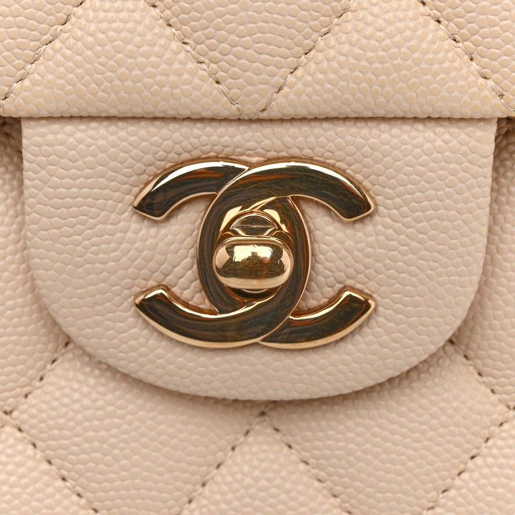 Caviar Quilted Medium Double Flap Light Beige