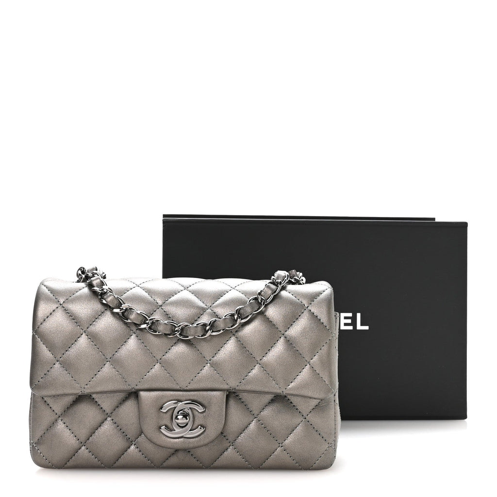 Metallic Lambskin Quilted Mini Rectangular Flap Silver