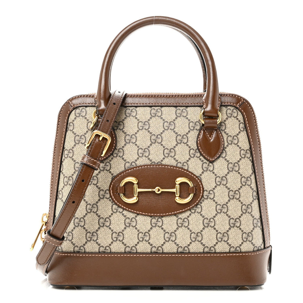GG Supreme Monogram Azalea Calfskin Small Horsebit 1955 Top Handle Bag Beige Ebony Brown Sugar