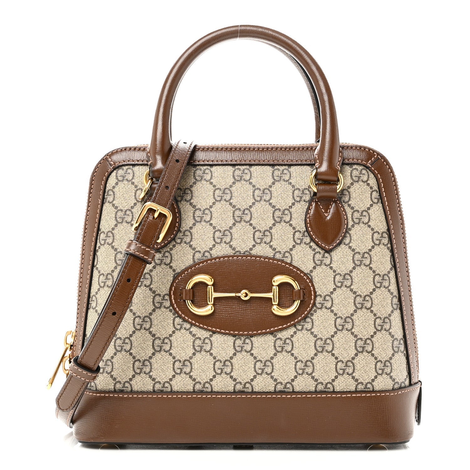 GG Supreme Monogram Azalea Calfskin Small Horsebit 1955 Top Handle Bag Beige Ebony Brown Sugar