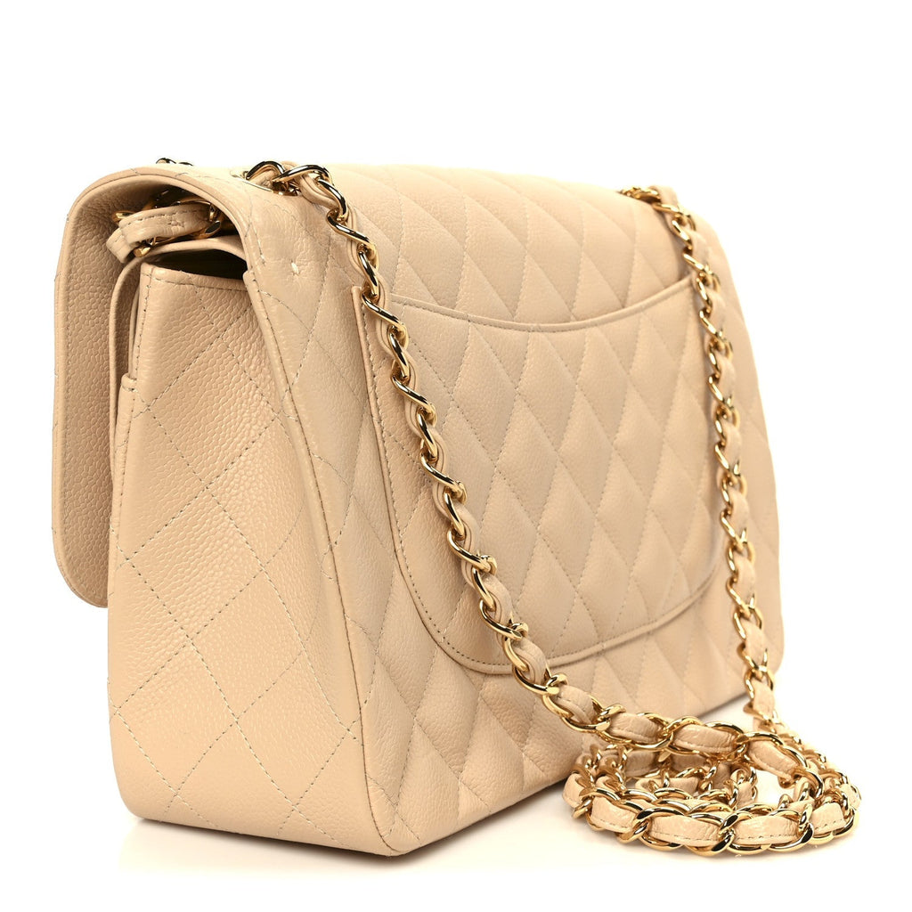 Caviar Quilted Jumbo Double Flap Beige