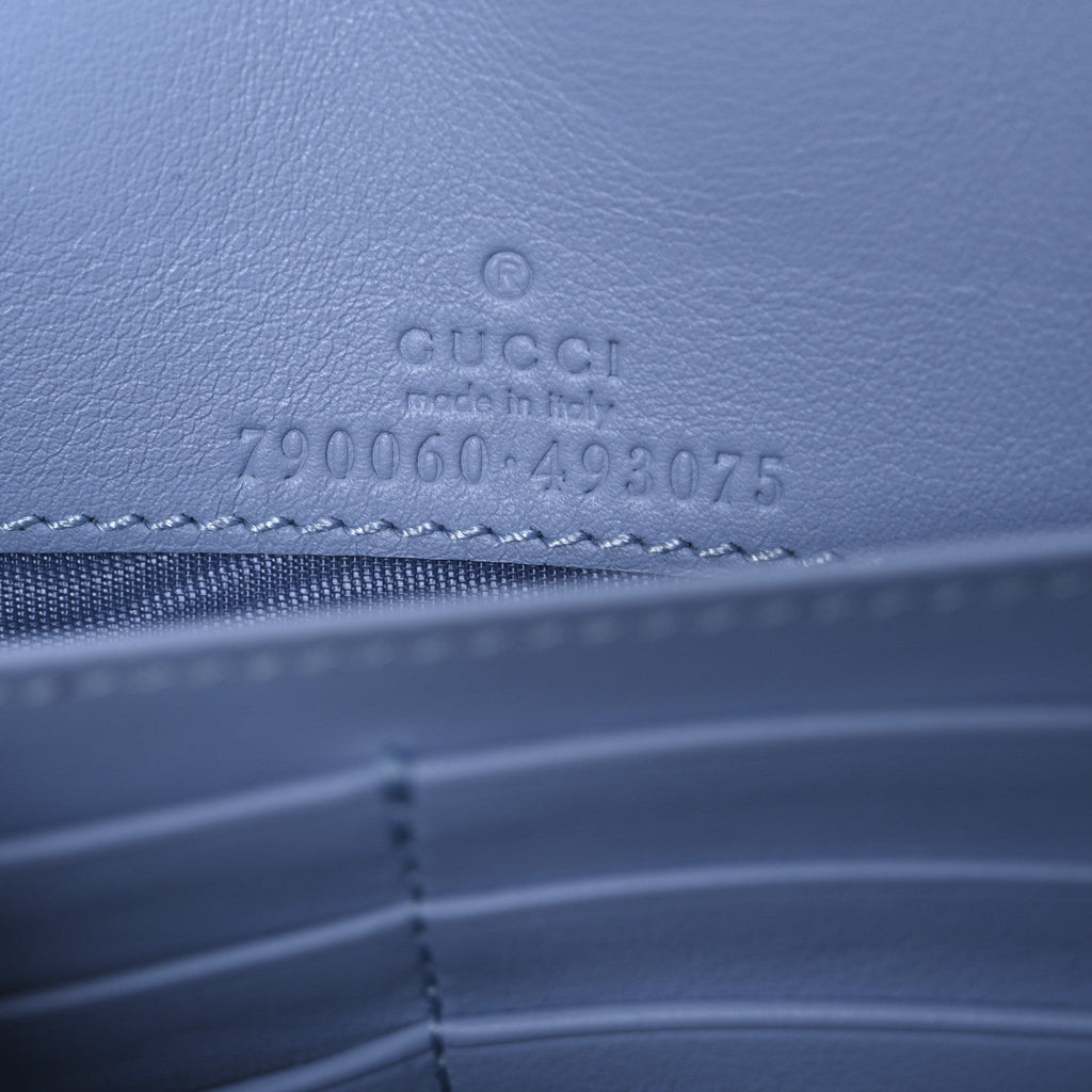 GG Supreme Monogram Textured Dollar Calfskin Mini GG Marmont Chain Wallet Light Pink Blue Beige