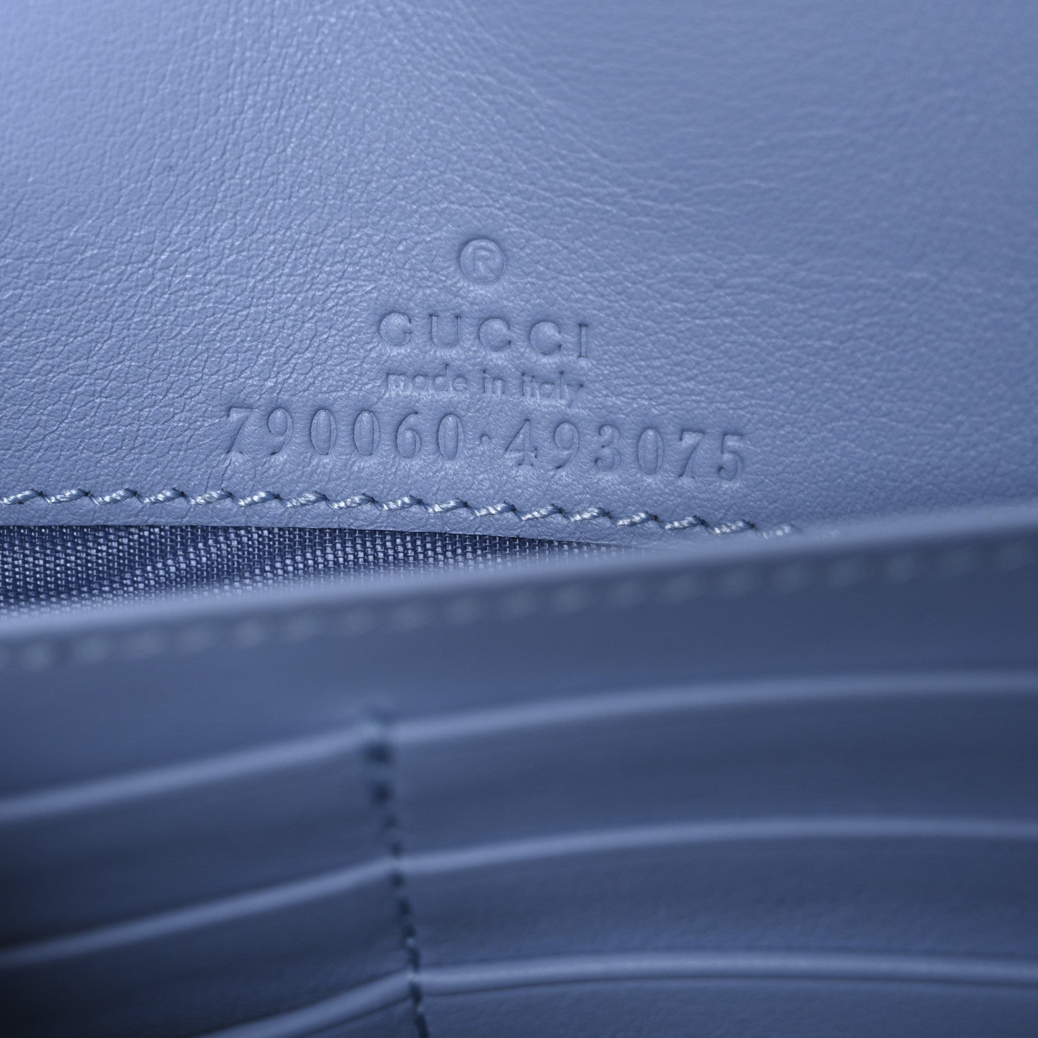 GG Supreme Monogram Textured Dollar Calfskin Mini GG Marmont Chain Wallet Light Pink Blue Beige