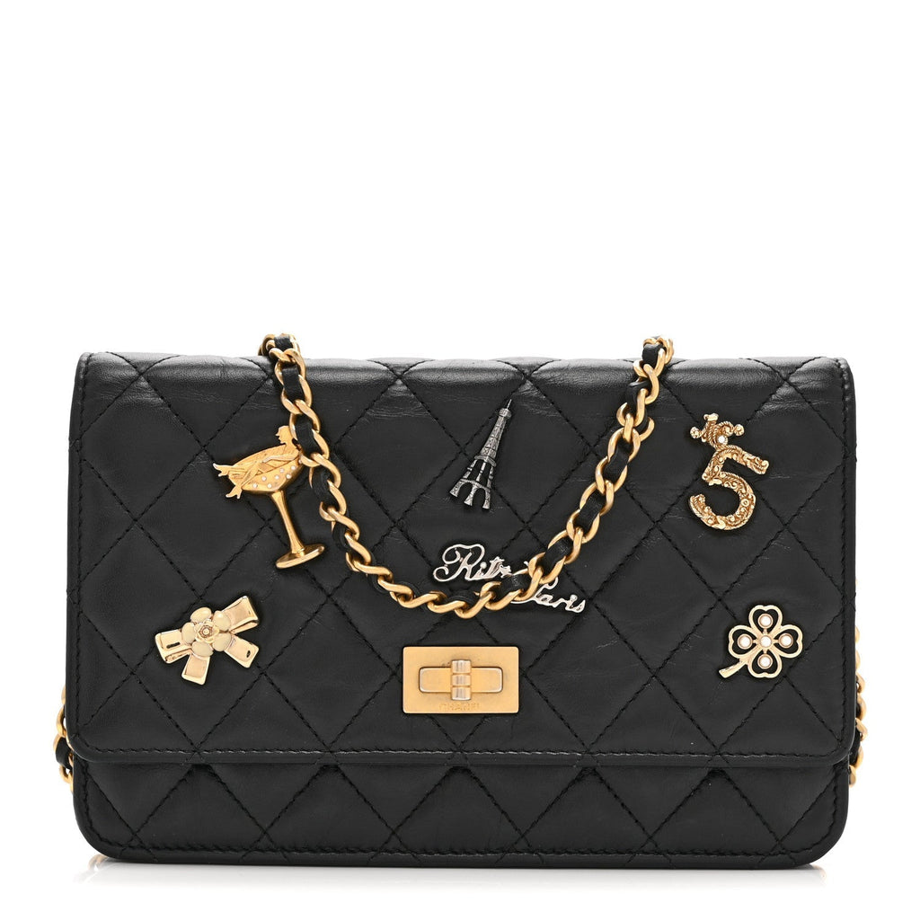 Aged Calfskin Quilted Lucky Charms 2.55 Reissue Wallet On Chain WOC Black