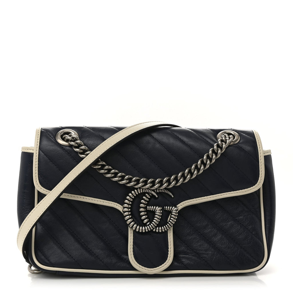 Vintage Effect Calfskin Matelasse Diagonal Small Torchon GG Marmont Shoulder Bag Blue Agata Mystic White