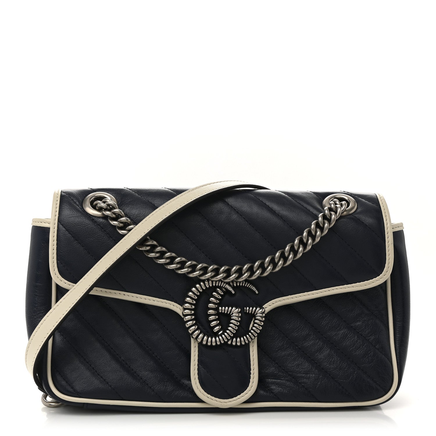 Vintage Effect Calfskin Matelasse Diagonal Small Torchon GG Marmont Shoulder Bag Blue Agata Mystic White