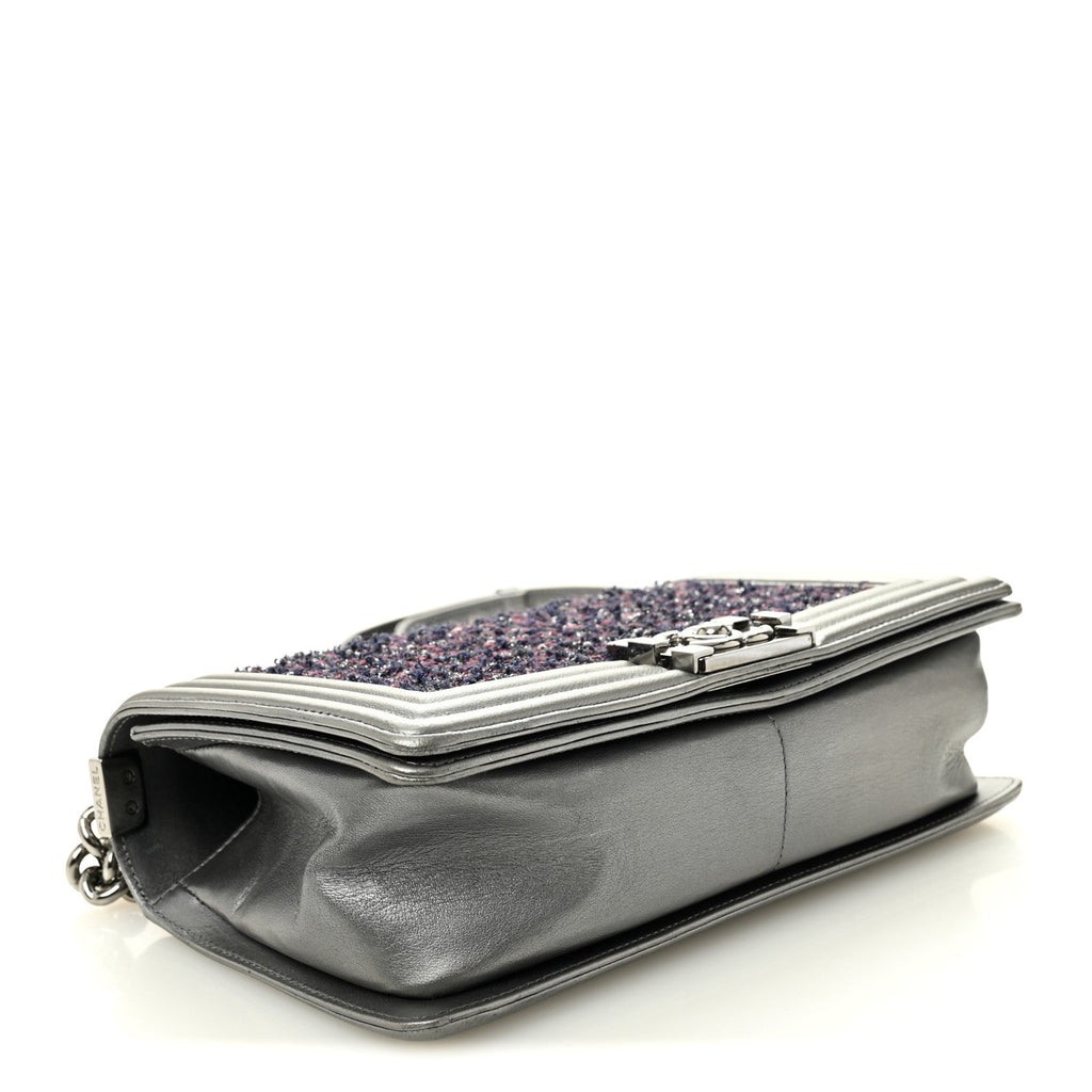 Tweed Metallic Lambskin Medium Boy Flap Silver