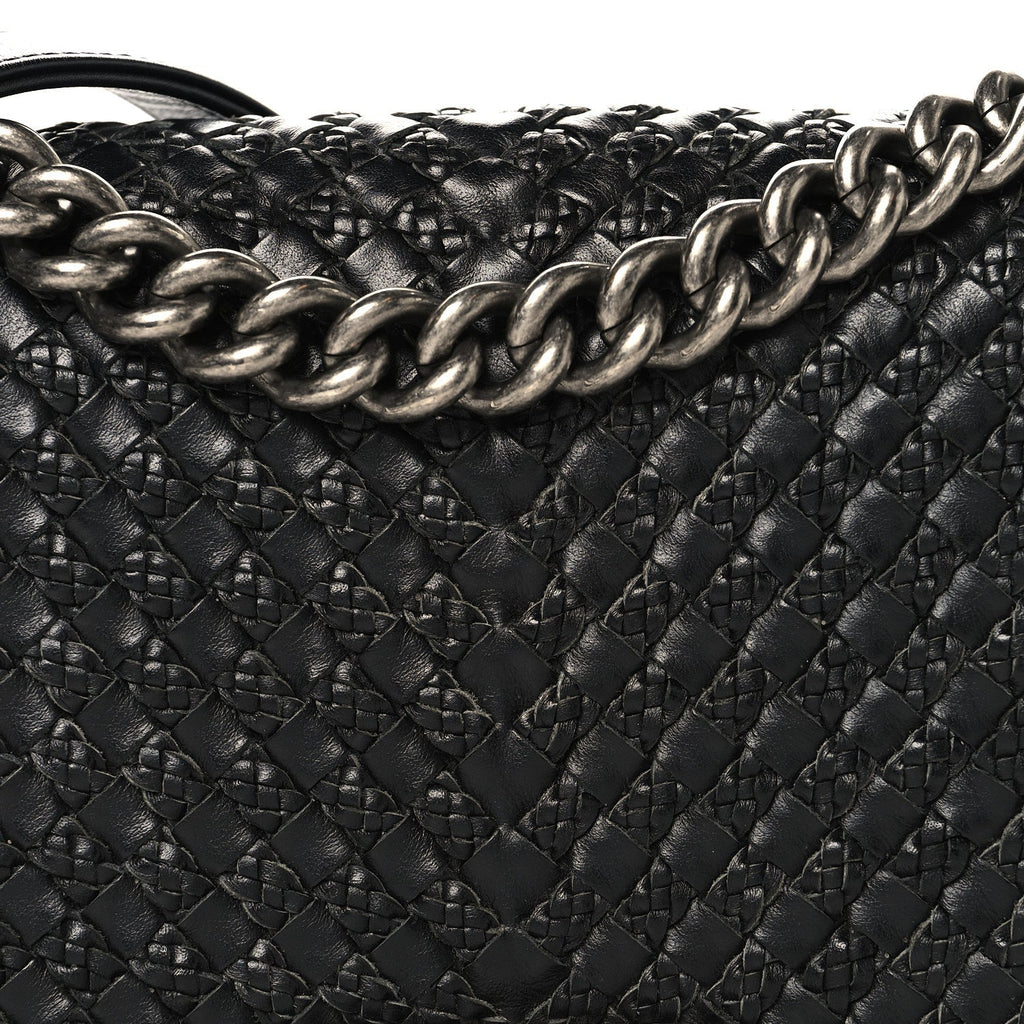 Lambskin Braided Woven Medium Boy Flap Black
