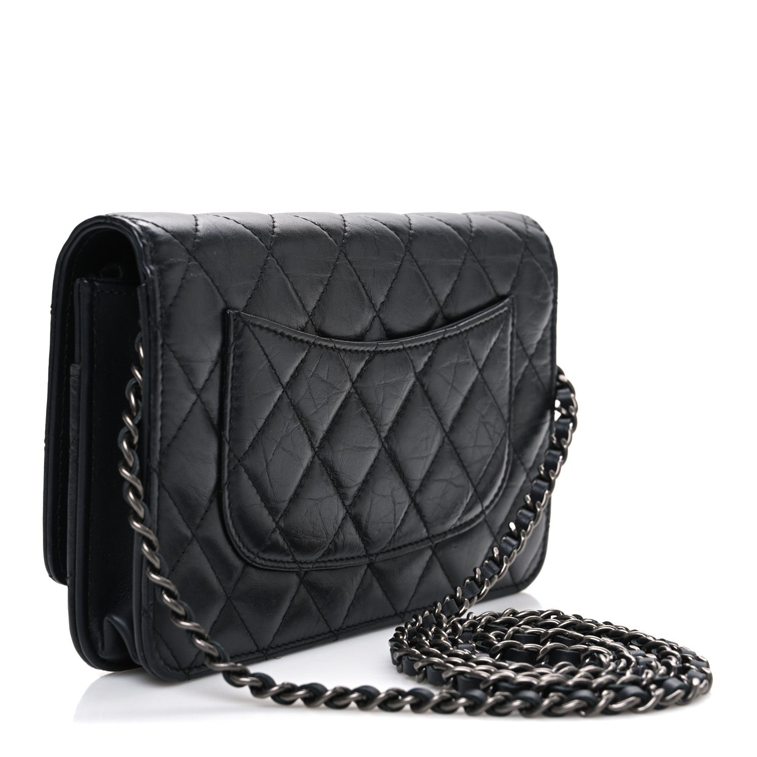 Aged Calfskin Quilted Lucky Charms 2.55 Reissue Wallet On Chain WOC Black