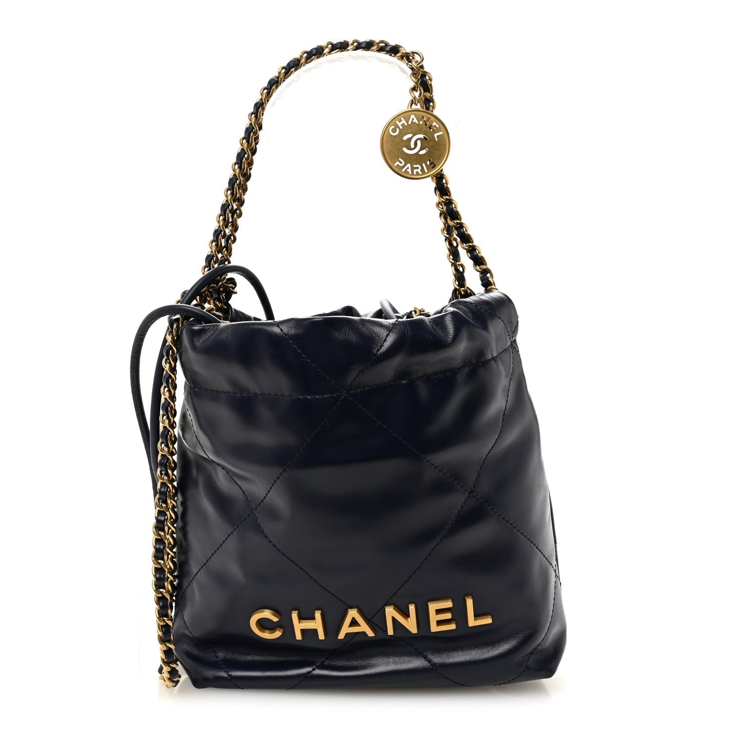 Shiny Calfskin Quilted Mini Chanel 22 Navy Blue