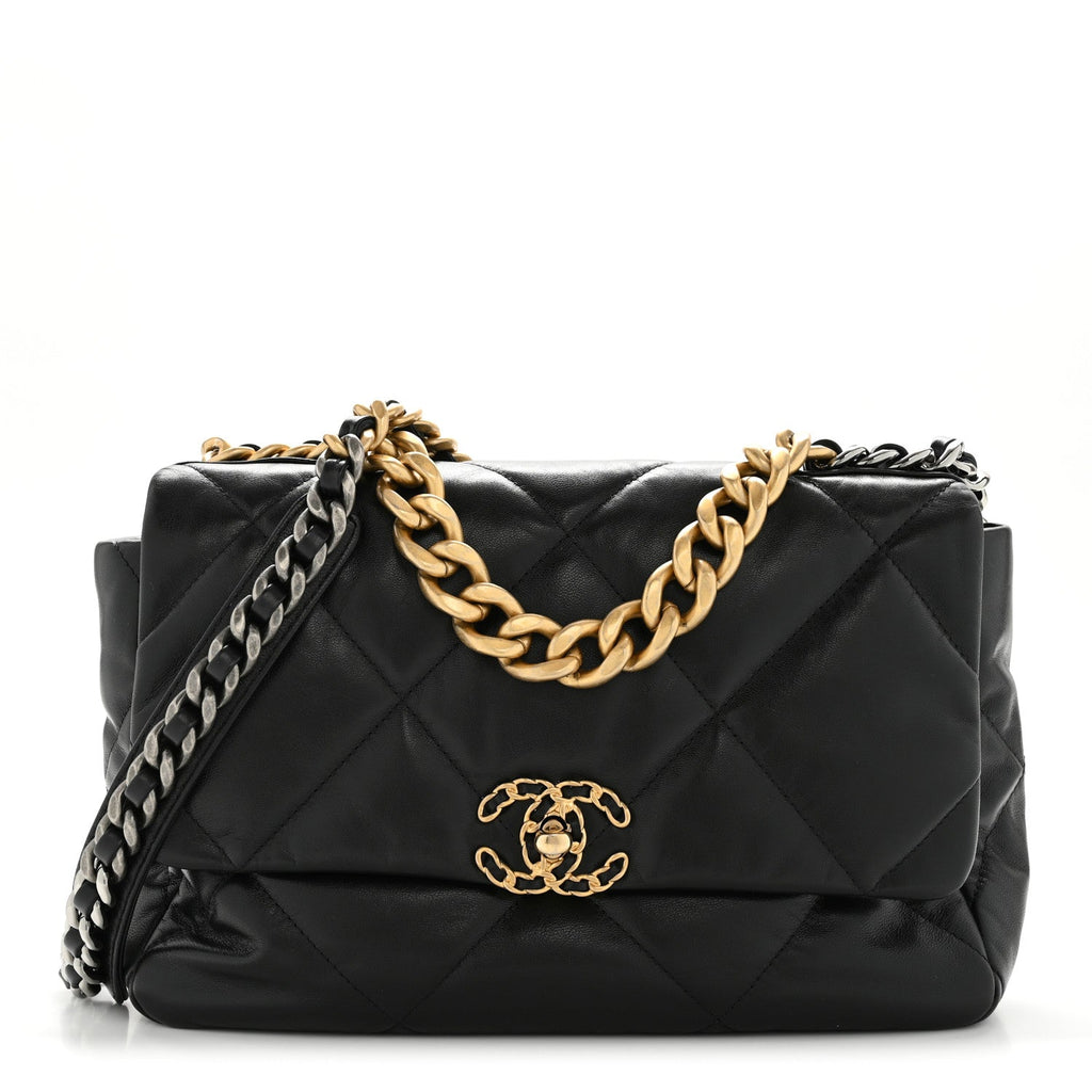 Shiny Goatskin Quilted Large Chanel 19 Flap Black