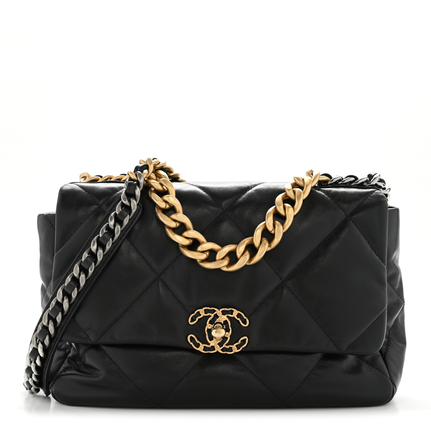 Shiny Goatskin Quilted Large Chanel 19 Flap Black