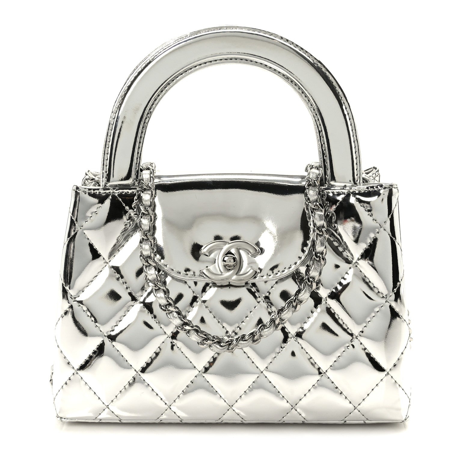 Mirror Calfskin Metallic Calfskin Quilted Nano Kelly Shopper Silvery