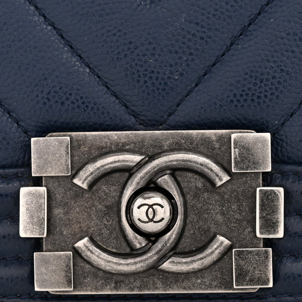 Caviar Chevron Quilted Medium Boy Flap Navy