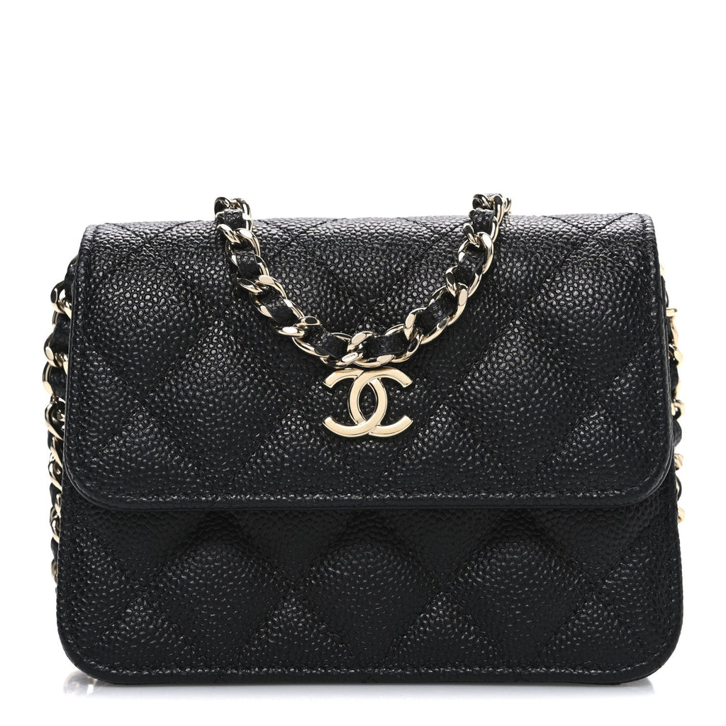 Caviar Quilted Mini Ribbon Wallet On Chain WOC Black
