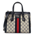 GG Supreme Monogram Textured Dollar Calfskin Web Small Ophidia Tote Bag Beige Blue