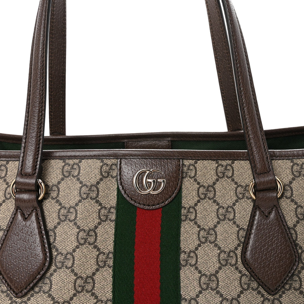 GG Supreme Monogram Calfskin Web Large Ophidia Tote Beige Dark Brown