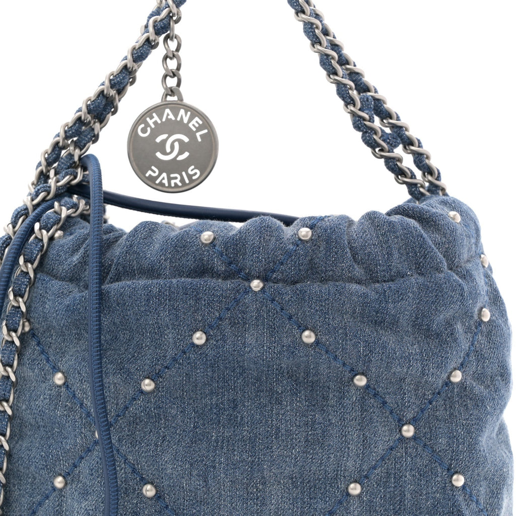 Washed Denim Quilted Studded Mini Chanel 22 Blue