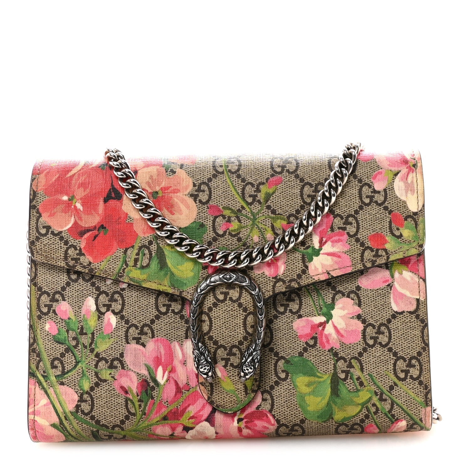 GG Supreme Monogram Blooms Mini Dionysus Chain Wallet Beige Multicolor Dry Rose