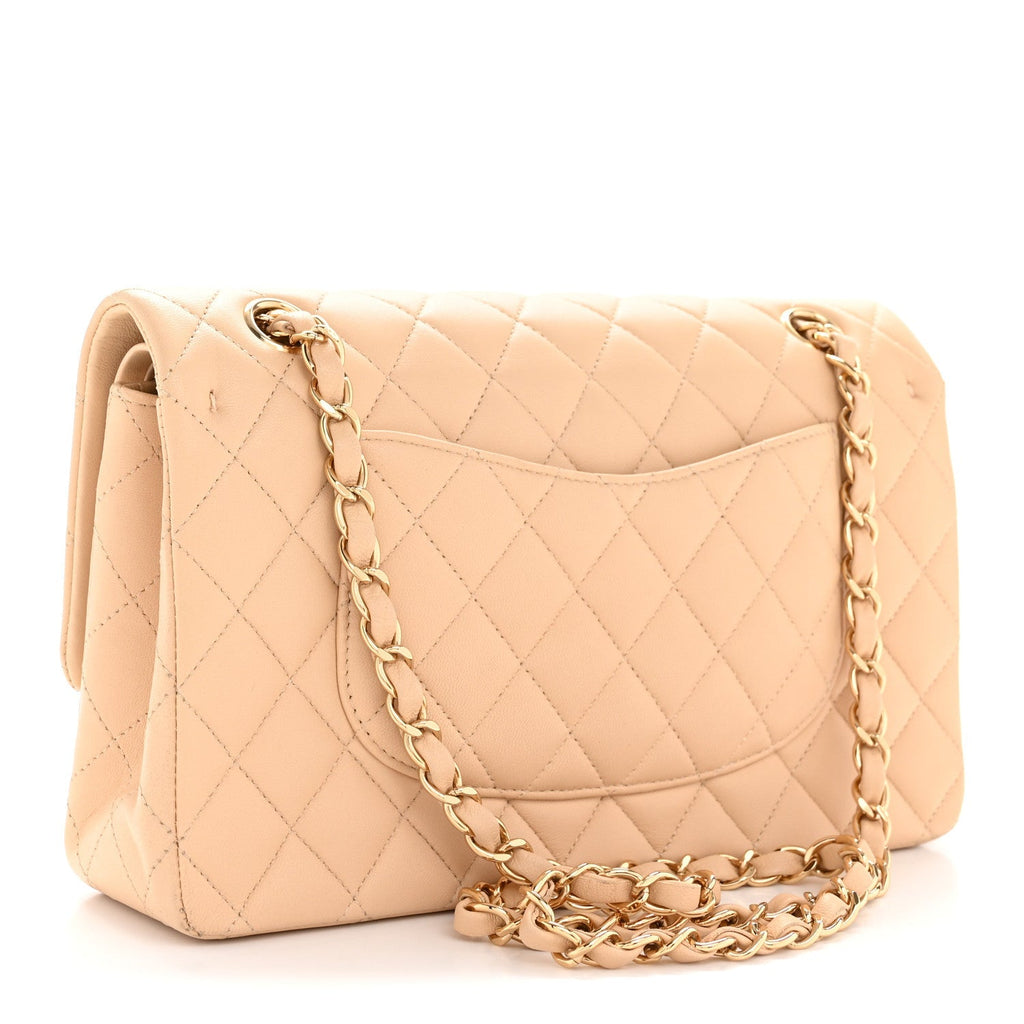 Lambskin Quilted Medium Double Flap Beige