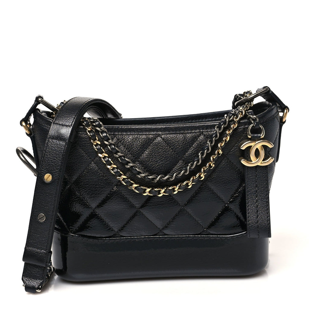 Patent Goatskin Quilted Small Gabrielle Hobo Black