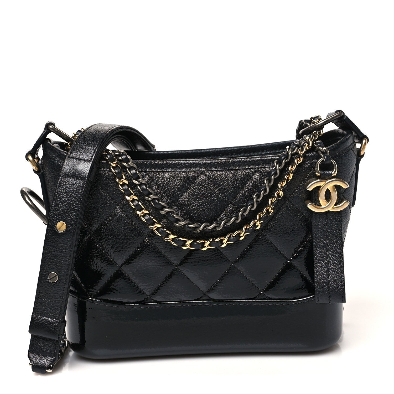 Patent Goatskin Quilted Small Gabrielle Hobo Black