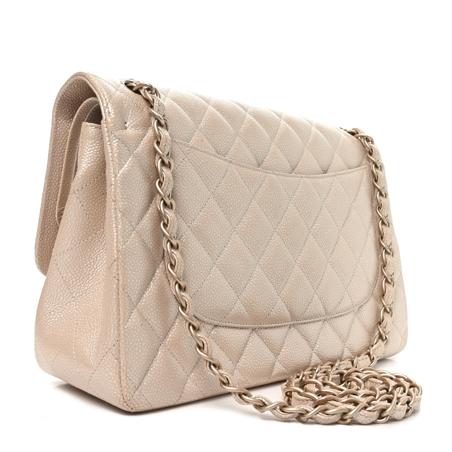 Iridescent Caviar Quilted Jumbo Double Flap Beige