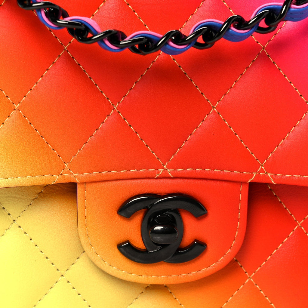 Calfskin Quilted Medium Rainbow Double Flap Multicolor