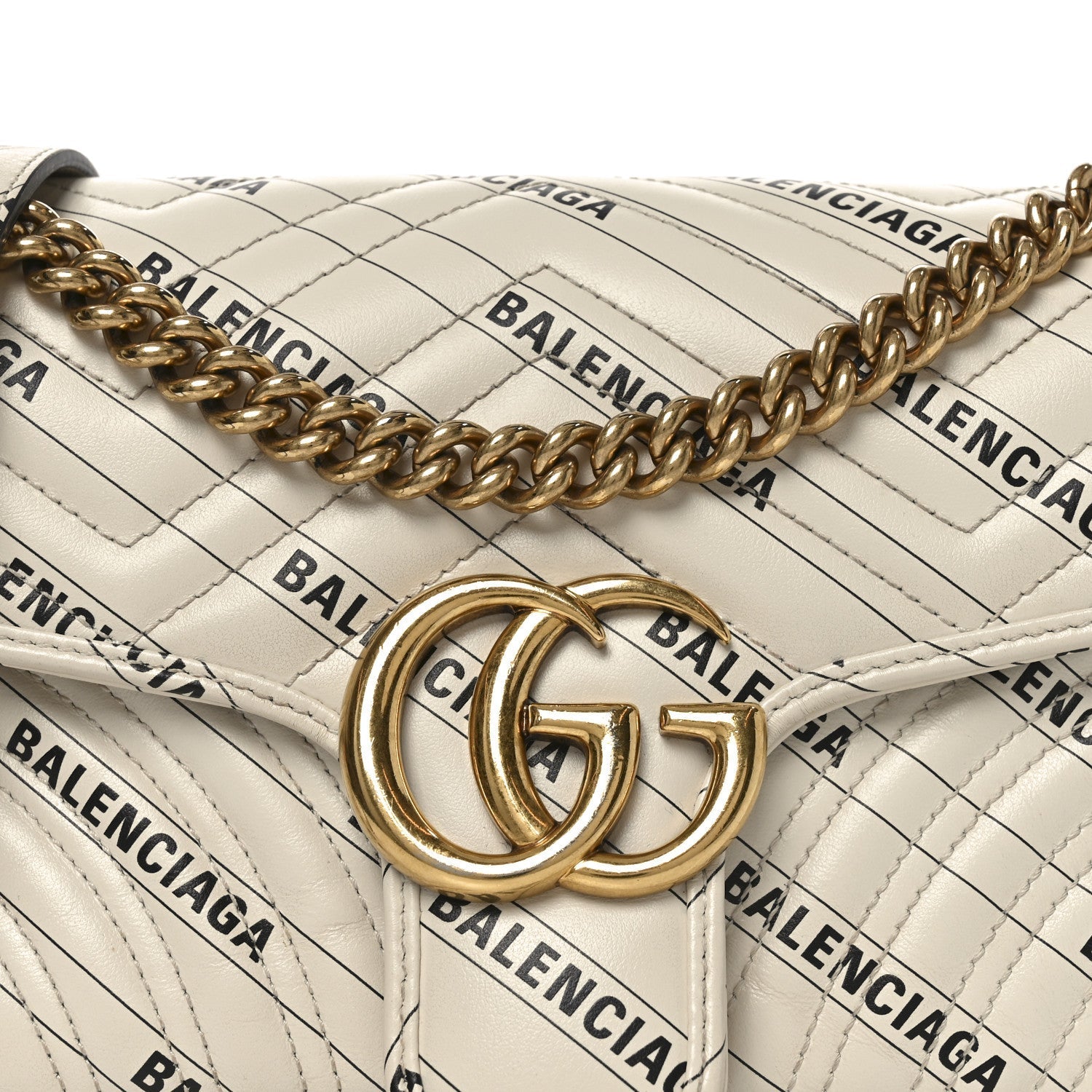 X BALENCIAGA Calfskin Matelasse Logo Print Small GG Marmont Shoulder Bag White
