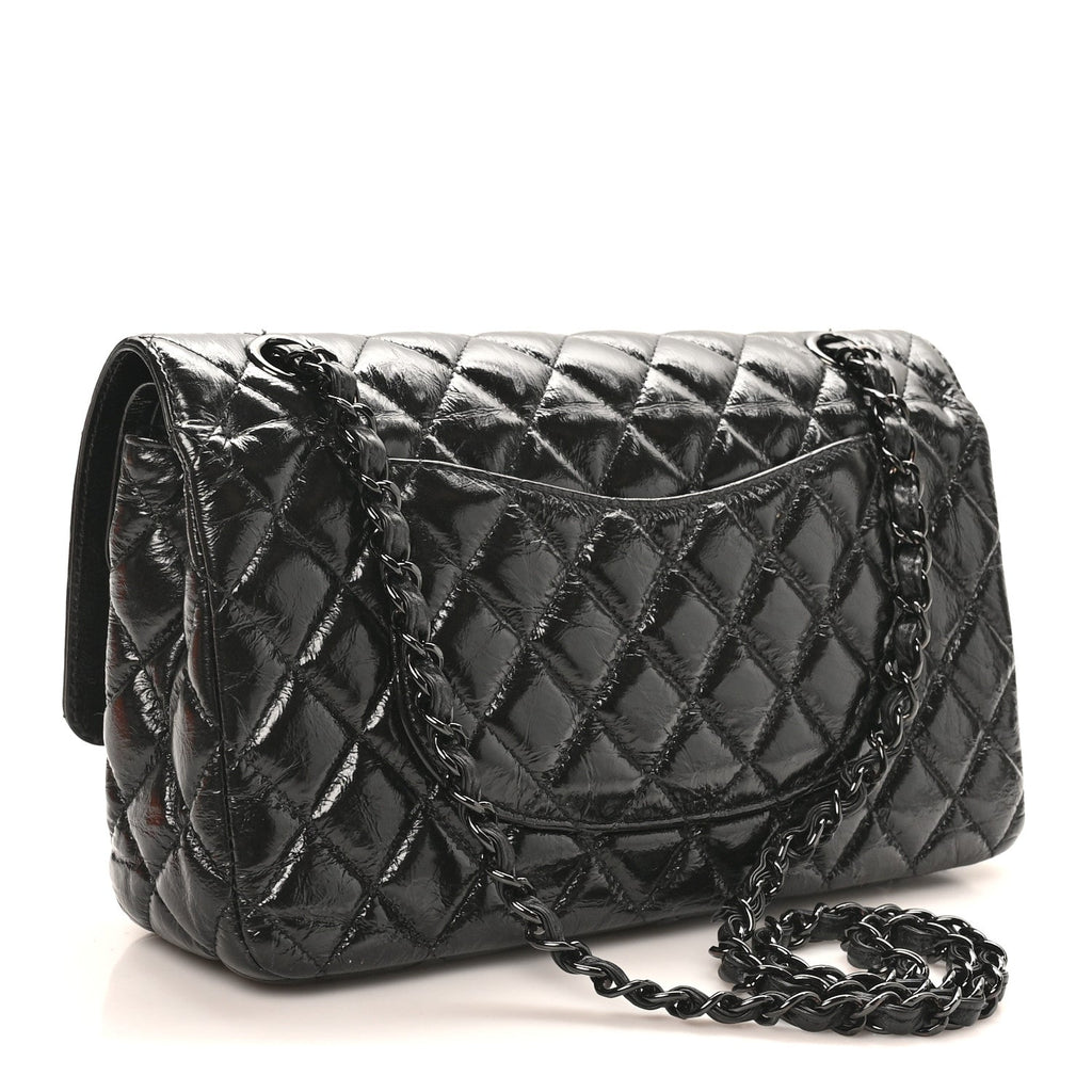 Shiny Crumpled Calfskin Quilted Medium Double Flap So Black