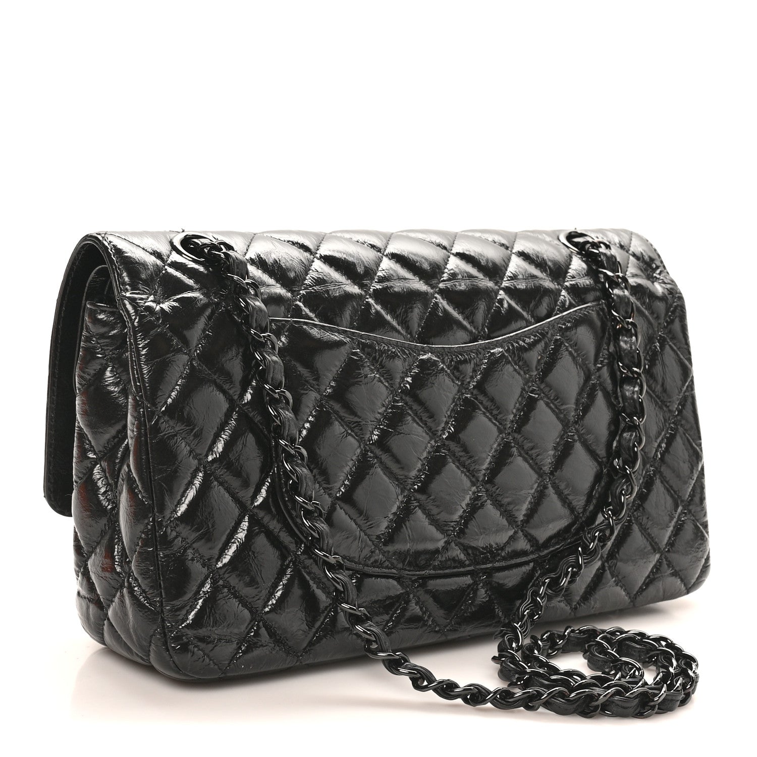 Shiny Crumpled Calfskin Quilted Medium Double Flap So Black