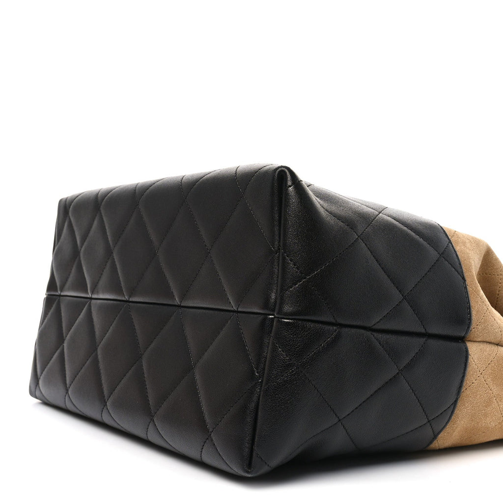Suede Shiny Lambskin Quilted Large Shopping Bag Beige Black
