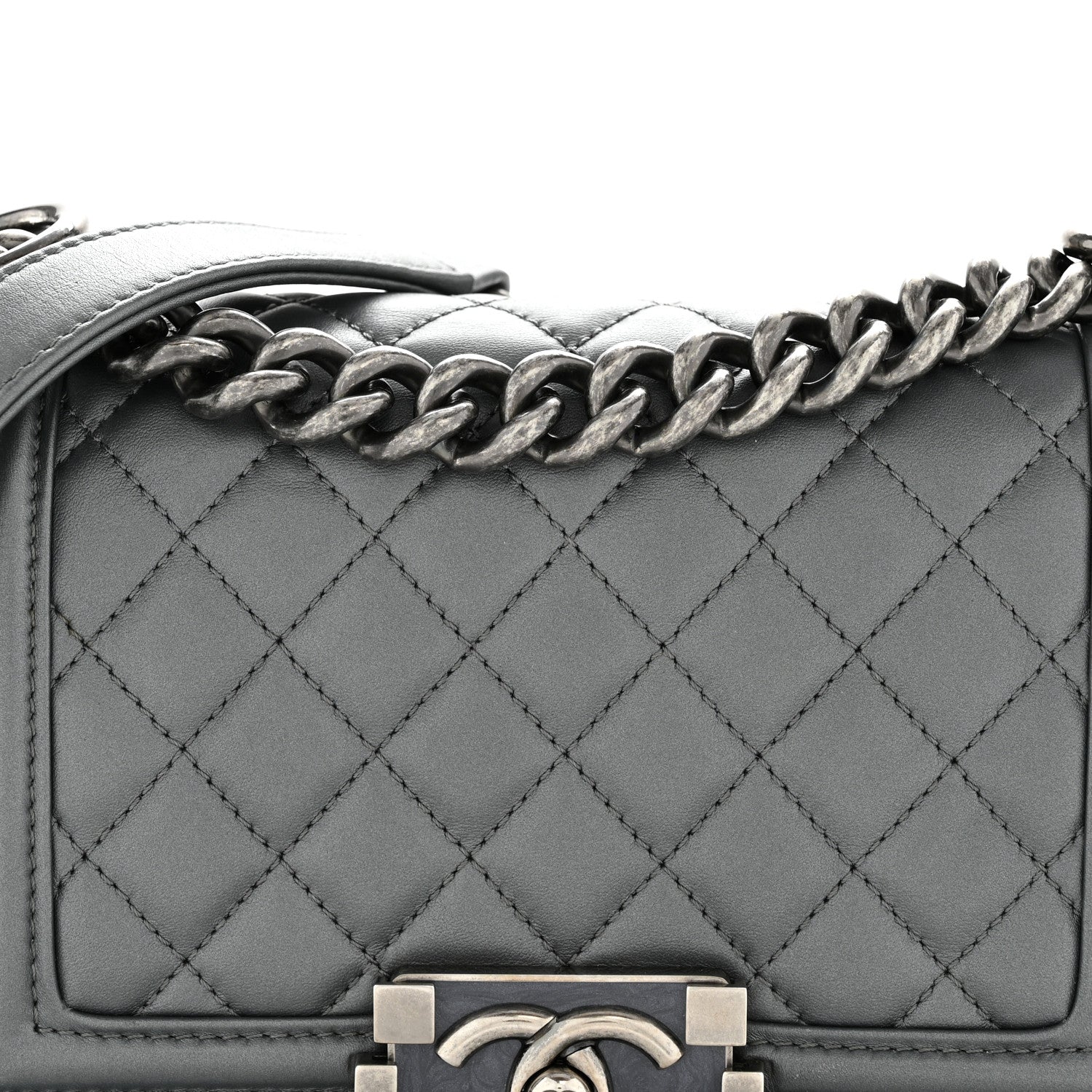 Metallic Calfskin Quilted Small Boy Flap Dark Silver