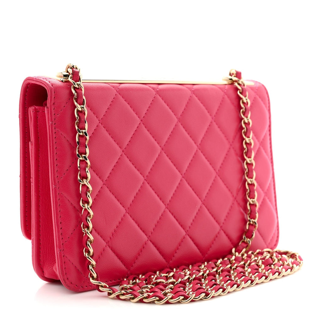 Lambskin Quilted Trendy CC Wallet On Chain WOC Dark Pink