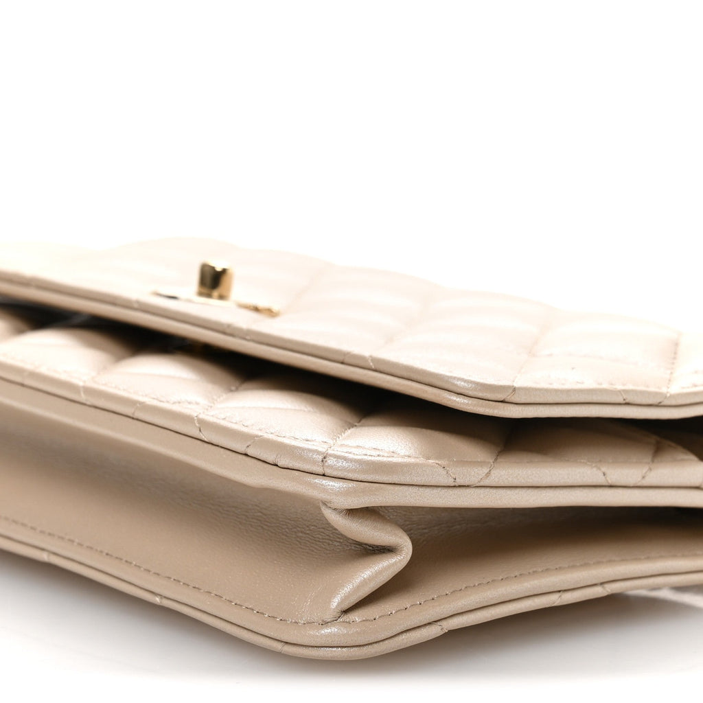 Pearly Lambskin Quilted Charms Wallet On Chain WOC Beige