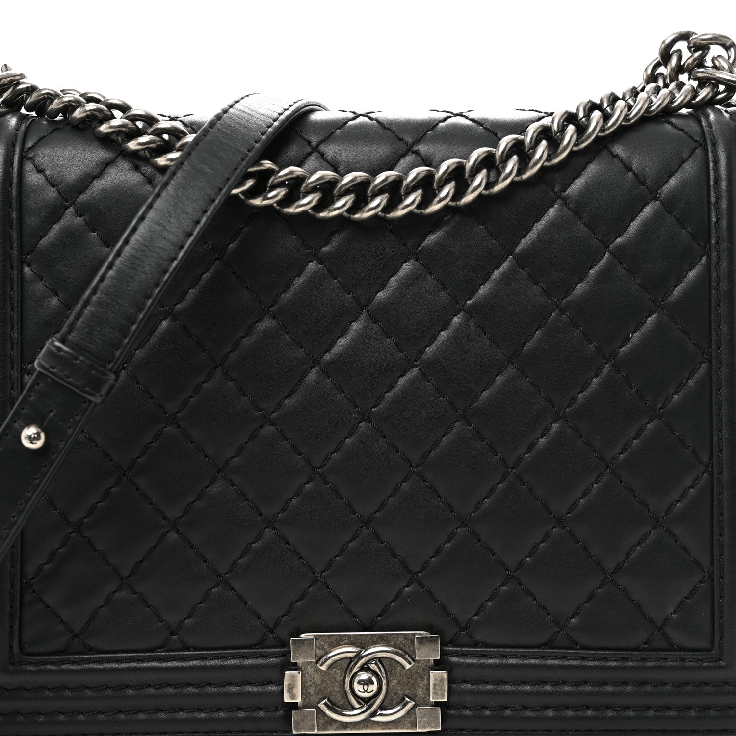 Calfskin Double Stitch Large Boy Flap Black