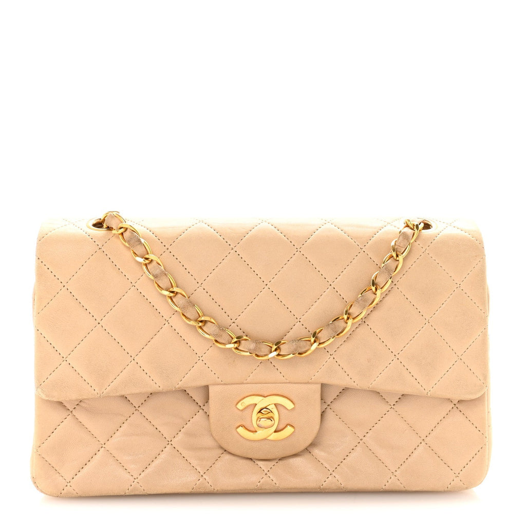 Lambskin Quilted Small Double Flap Beige