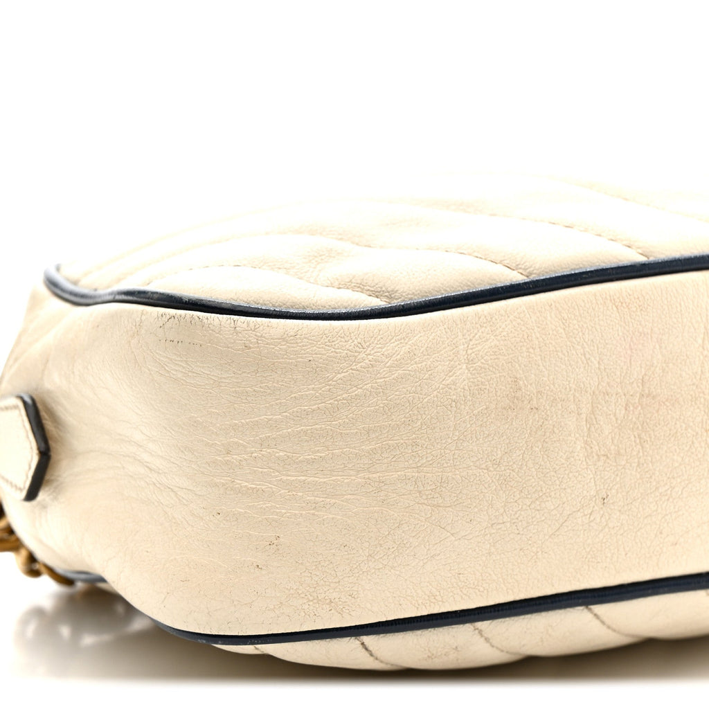 Vintage Effect Calfskin Matelasse Diagonal Small Torchon GG Marmont Chain Shoulder Bag Mystic White Blue Agata