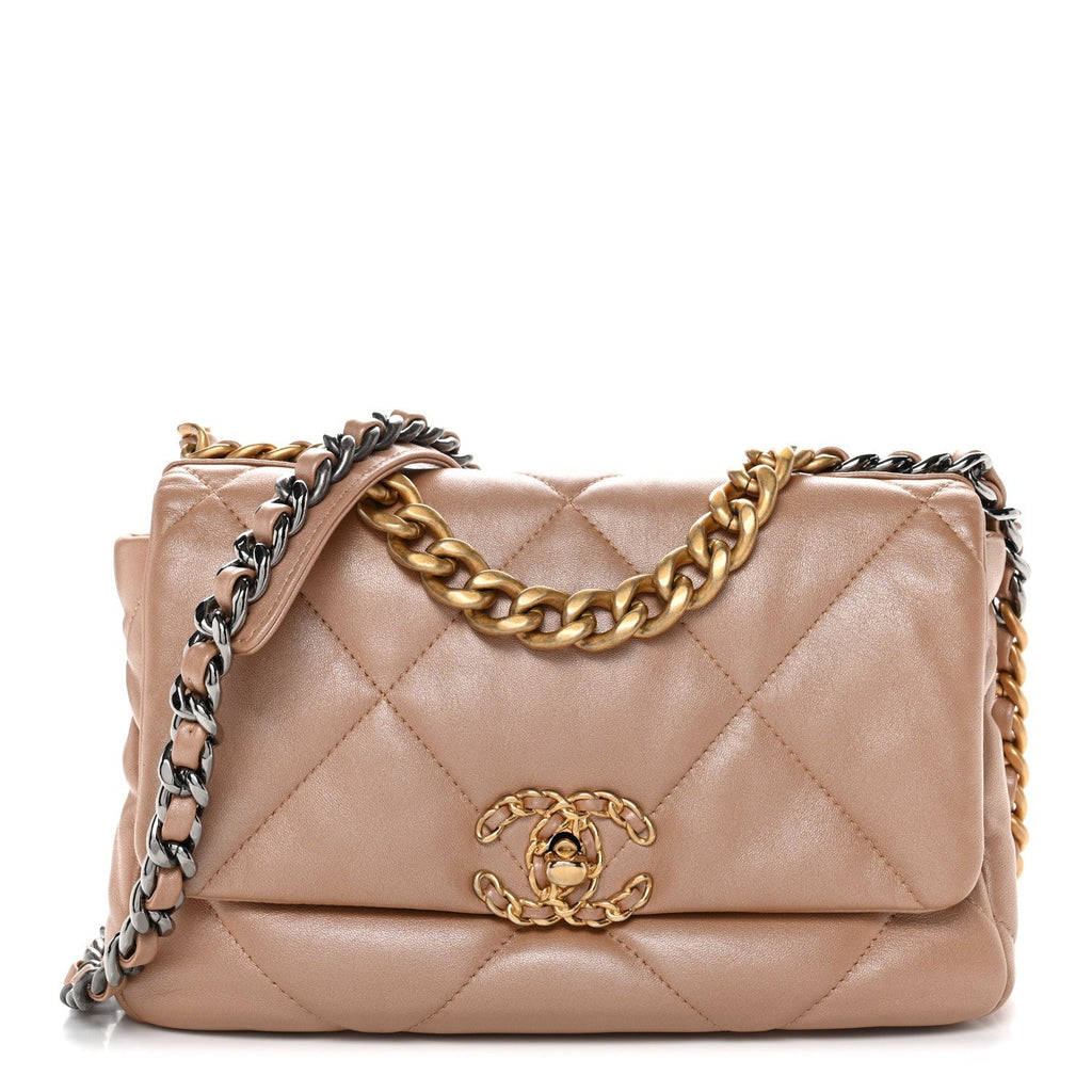 Shiny Lambskin Quilted Medium Chanel 19 Flap Beige