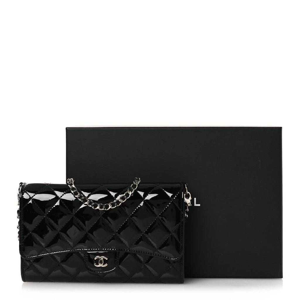 Patent Quilted Wallet On Removable Chain WOC Black