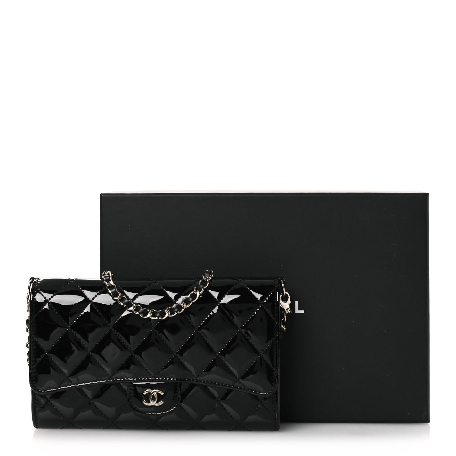 Patent Quilted Wallet On Removable Chain WOC Black