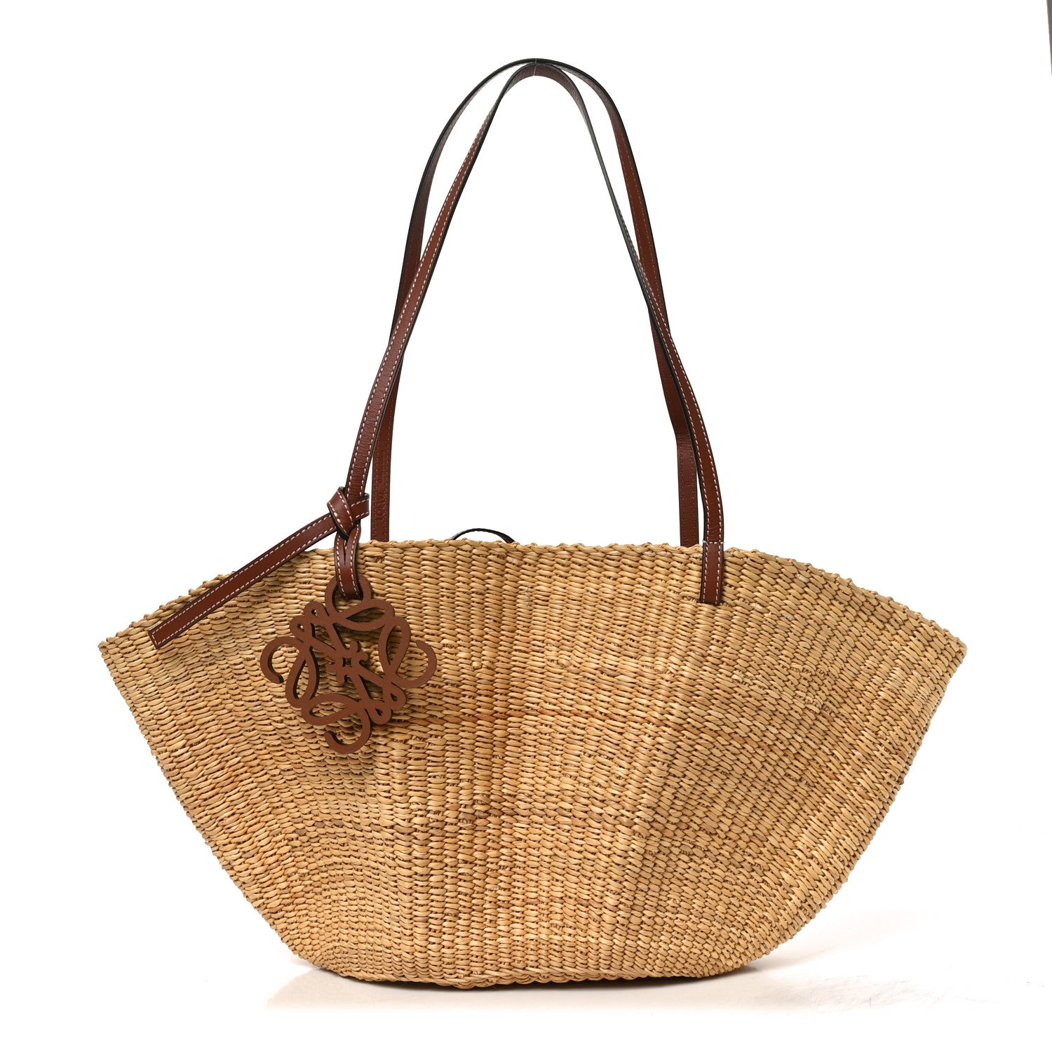 Calfskin Raffia Paulas Ibiza Small Shell Basket Tote Bag Natural Tan