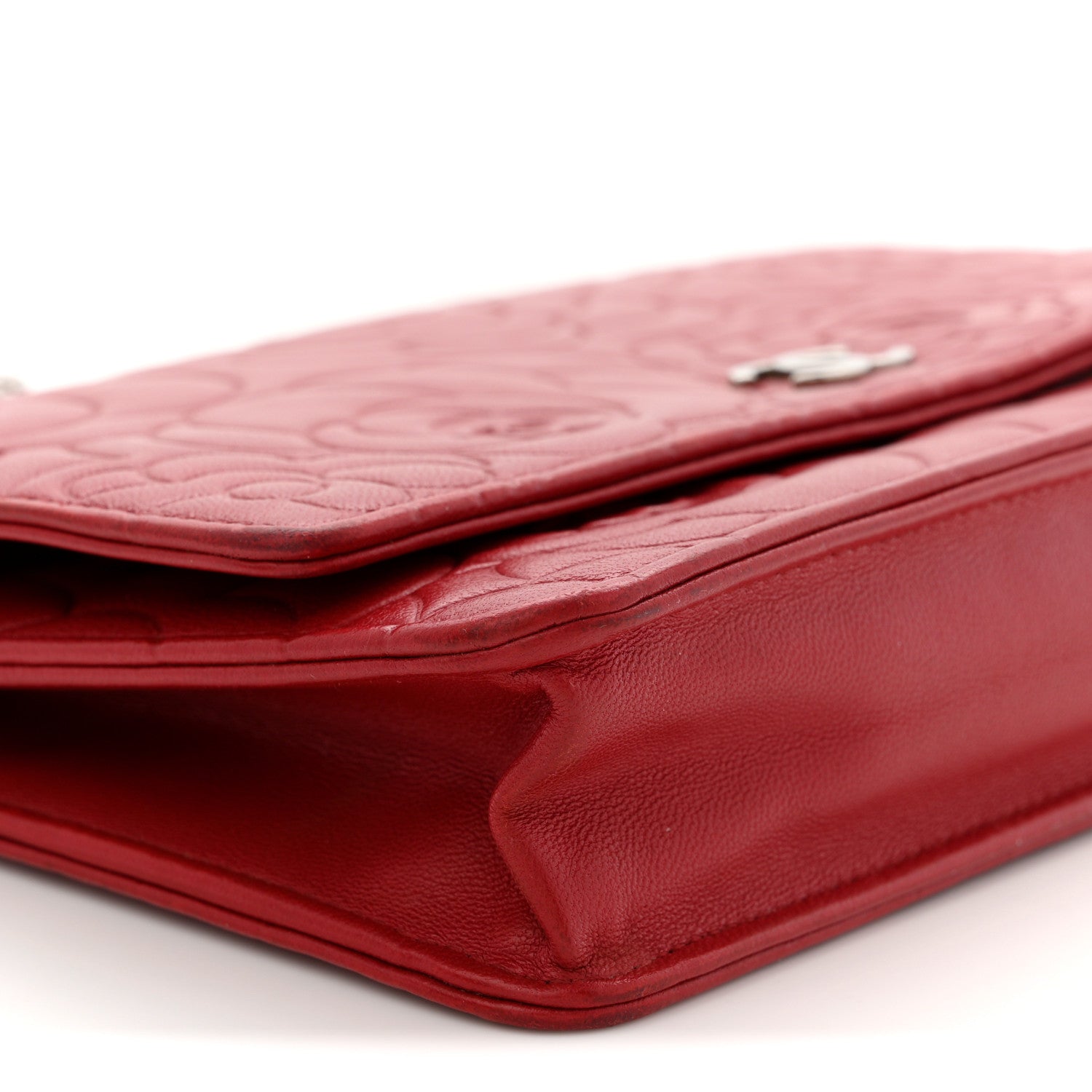 Lambskin Camellia Embossed Wallet On Chain WOC Red
