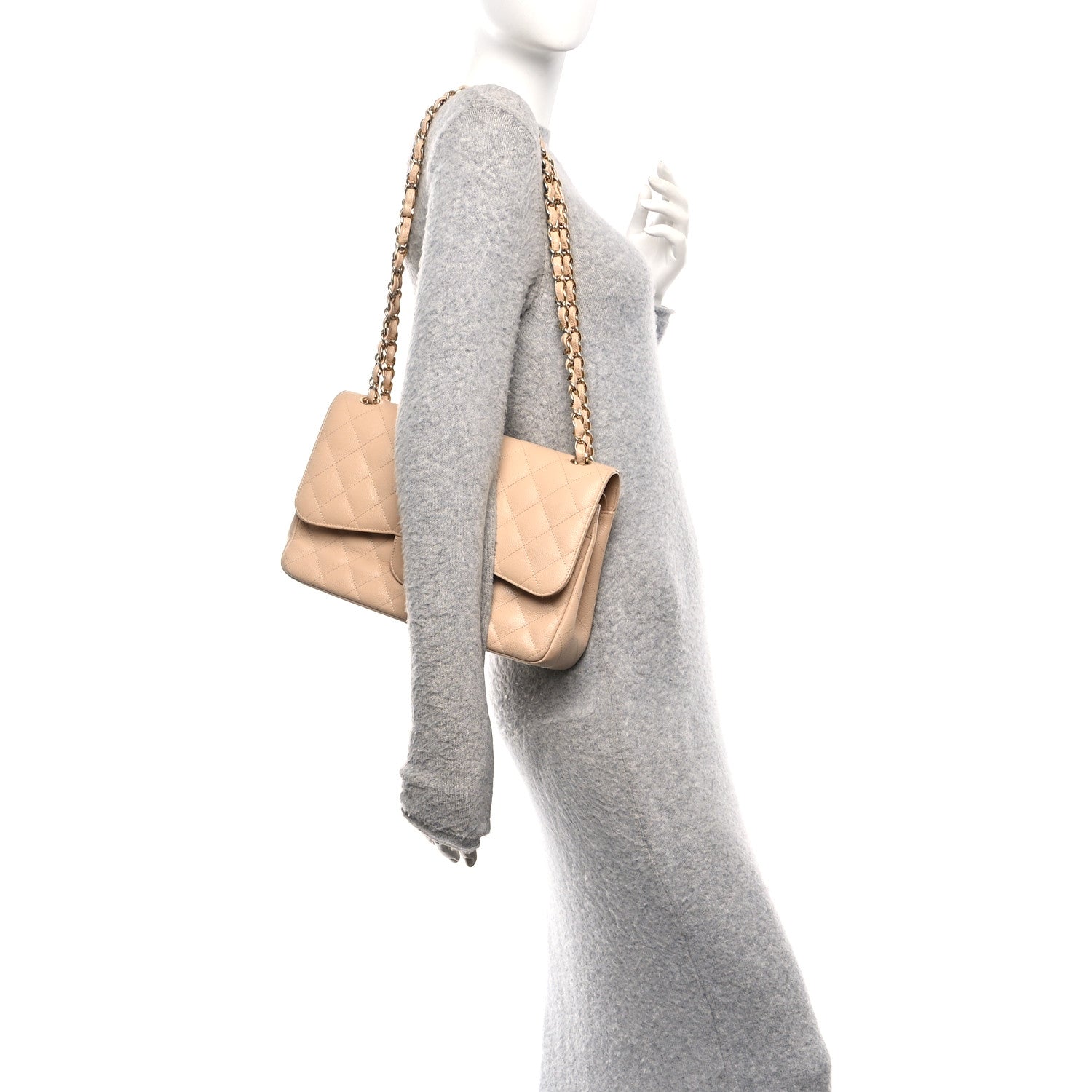 Caviar Quilted Jumbo Double Flap Beige Clair