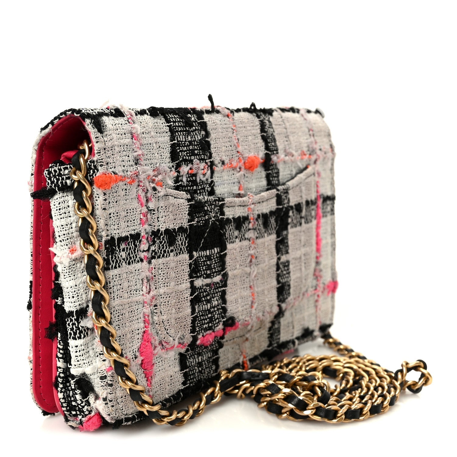 Tweed Calfskin Signe Wallet On Chain WOC Black Pink Orange