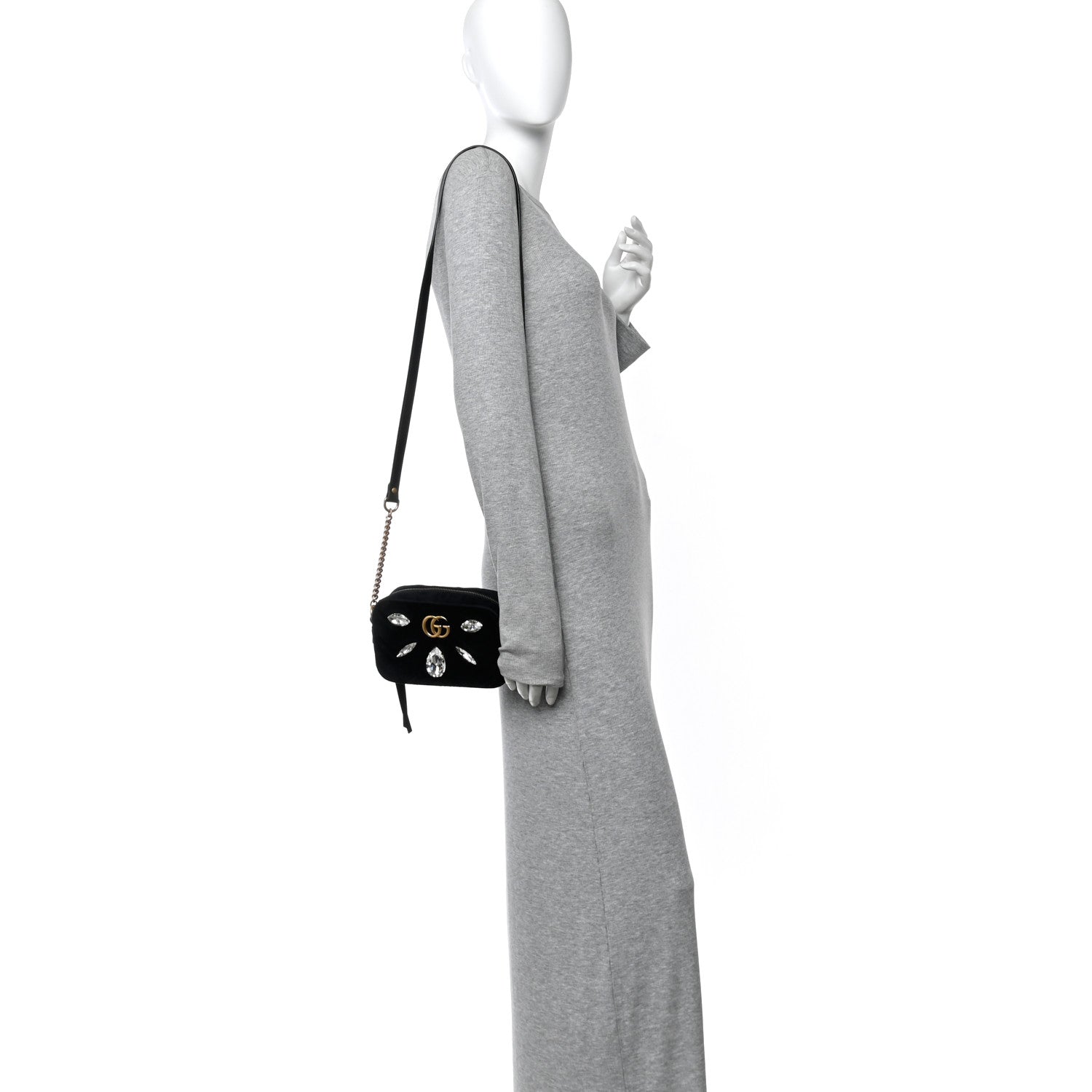 Velvet Matelasse Marquise Crystals Mini GG Marmont Chain Shoulder Bag Black