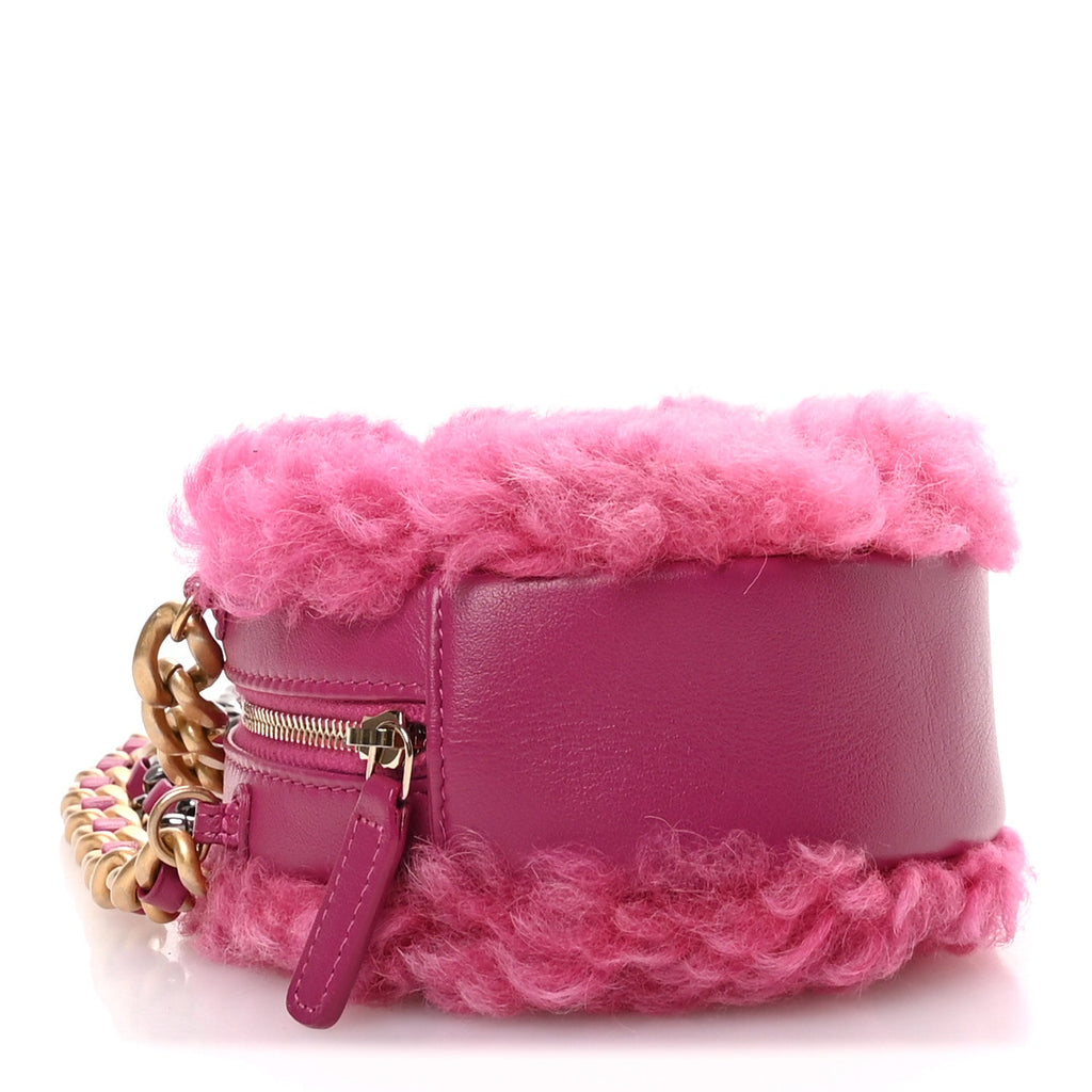 Shearling Sheepskin Chanel 19 Round Clutch With Chain Dark Pink
